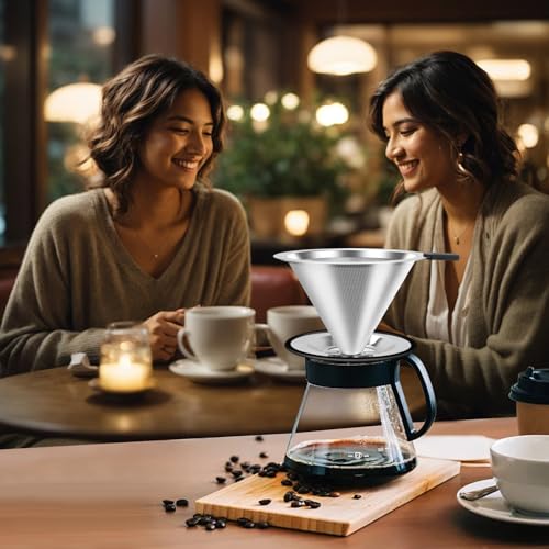 Image of Large Size Pour Over Coffee Dripper, Stainless Steel Coffee Filter, Paperless Reusable Coffee Filter, Double Micromesh 600 Mesh Strainer Coffee Maker with Heat-Resistant Silicone Handle & Base