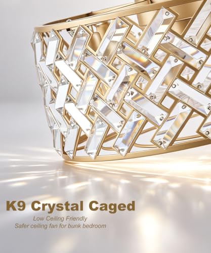 Image of 18 Inch Caged Ceiling Fans with Lights, Low Profile Crystal Fandelier Ceiling Fan with Lights and Remote & App Control for Low Ceilings Flush Mount Installation Indoor, Bulb Included Gold