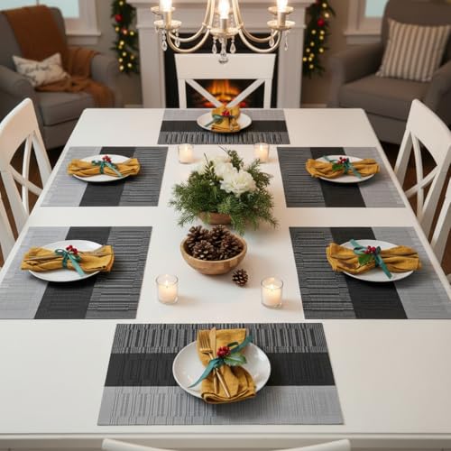 Image of YELONA Placemats for Dining Table - Heat Resistant & Washable PVC Vinyl Table Mats, Non-Slip, Stain Resistant Woven Kitchen Mats, Set of 6, 45cm x 30cm (Black & Light Grey)