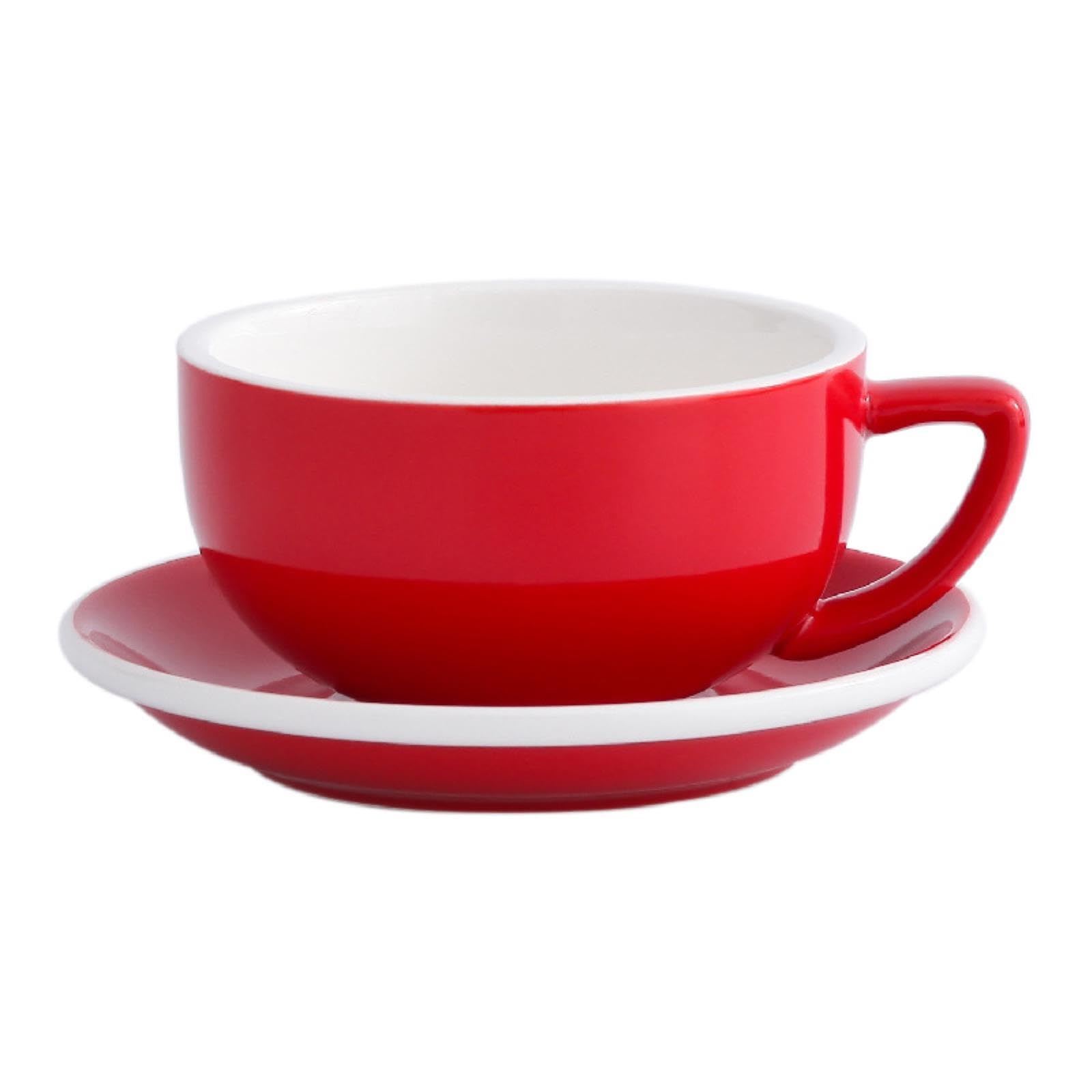 320ml/11oz Embossed Latte Coffee Cup Set, Fancy Large Mouth Wide Mouth American Latte Cup-Bright red with white edge disc