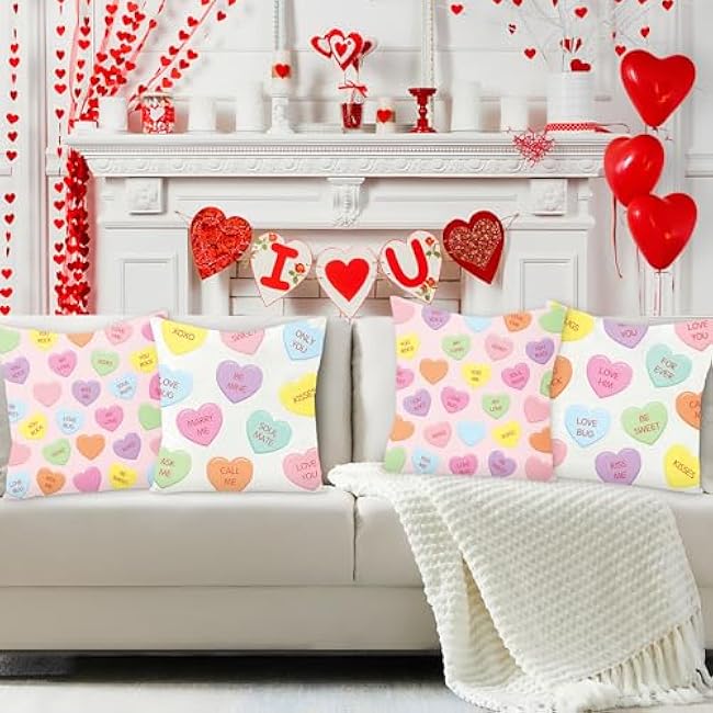 WATINC 4Pcs Valentine¡¯s Day Candy Conversation Cute Heart Throw Pillow Covers, Burlap Hearts Love Cushion Case Decoration for Sofa Couch, 2 Designs Square Valentine Theme Party Home Decor (18 x 18 In)