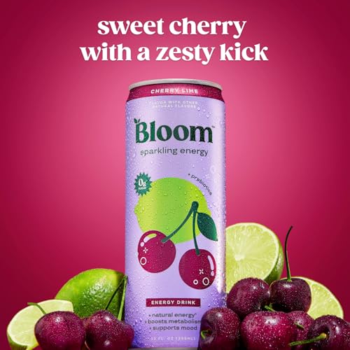 Image of Bloom Nutrition Sparkling Energy Drink - Natural Caffeine, Zero Sugar, 180mg Caffeine - Antioxidant-Rich w /Green Coffee Bean, Green Tea Extract, Prebiotics - Cherry Lime - 12oz 12 pk