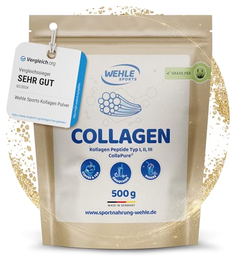 Collagen Pulver - Bioaktives Kollagen Hydrolysat Peptide, Eiweiß-Pulver Geschmacksneutral, Wehle Sports Made in Germany Kollagen Typ 1, 2 & 3 Lift Drink (500g (1er Pack)) - Verpackung kann variieren