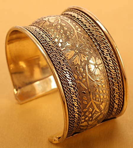 Image of Touchstone Indian Bollywood Desire Brass Base Exotic Workmanship Free Size Cuff Bracelet in Antique Gold Or White Or Copper Tone for Women.
