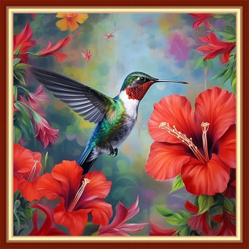 Image of Joyhoor Stamped Cross Stitch Kits for Beginners, Needlepoint Kits for Adults, 11CT Counted Embroidery Kits-Hummingbirds Gather Honey 18x18 inchs
