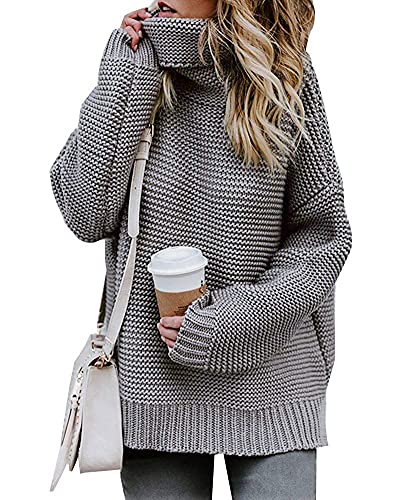 Imuedaen Pullover Damen Elegant Rollkragenpullover Langarm Strickpullover Lässiges Stricken Pulli Winter Sweatshirt Oberteile (A Grau, L)