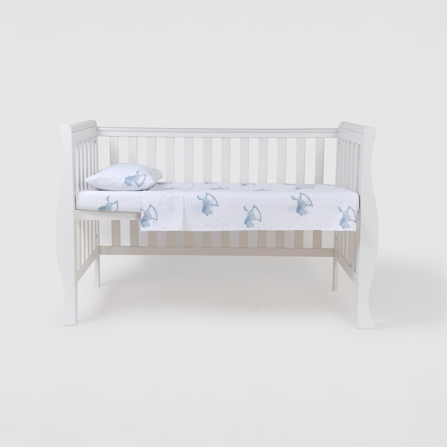 TRAMAS+ Set di Lenzuola per Culla e Miniculla, Lenzuola 100% Cotone Super Morbido per Bebè, Tessili per Cameretta 3 Pezzi con Disegni Allegri - Culla - 60x120 cm, Caballitos - 1