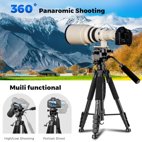 Image of Camera Tripod, 75 inch Heavy Duty Tripod for Camera with Phone Holder and Travel Bag, Compatible with Video Camera, DSLR, Spotting Scopes, Camcorder, GoPro, Cell Phone, Max Load 16LB (Black)