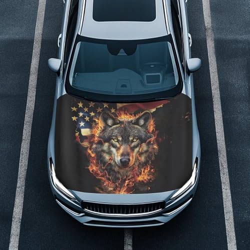 Image of Flag Cool Wolf Flag Car Hood Cover Easy Installation Car Hood Cover Protector Removable Automotive Accessories Fabric Hood Cover All-Season Protection for Car Decor