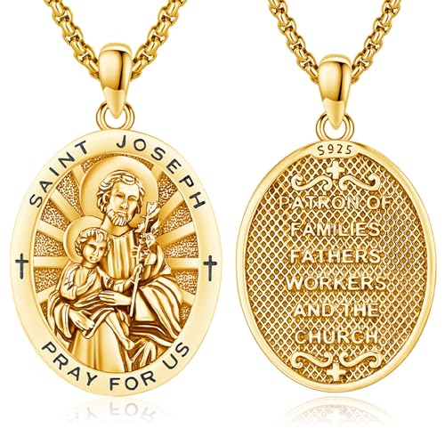 DRINSPER St Joseph Medal Necklace for Men Women 925 Sterling Silver San Jose Patron Saint Joseph Pendant Religious Amulet Protection Jewelry Fathers Day Graduation Gifts