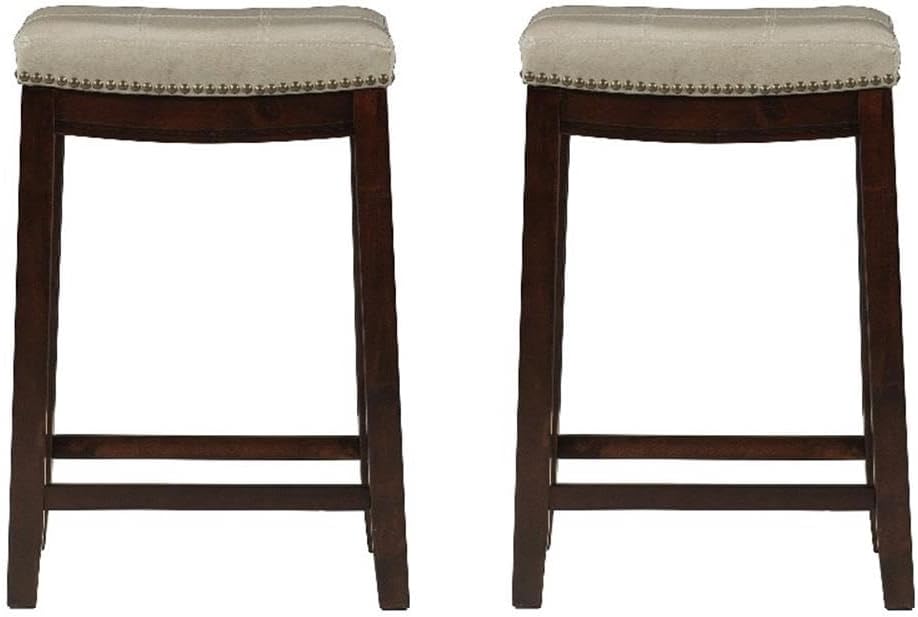 Linon Claridge Wood Set of 2 Counter Stools Beige Faux Leather Seats in Dk Brown