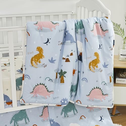 Image of Brandream Roar Dinosaurs Baby Nursery Crib Bedding Set for Boys 100% Soft Cotton Crib Quilt Comforter Set, Blue Cream White Classic Cute Dino Print, 6 Pieces