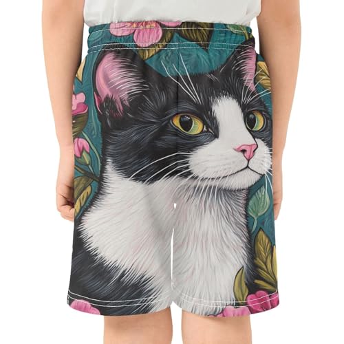 DOMIKING Tuxedo Cat Floral Teal Kids Shorts Pull-on Boys Shorts with Elastic Waist Casual Athletic Pants for Playwear Outdoor3