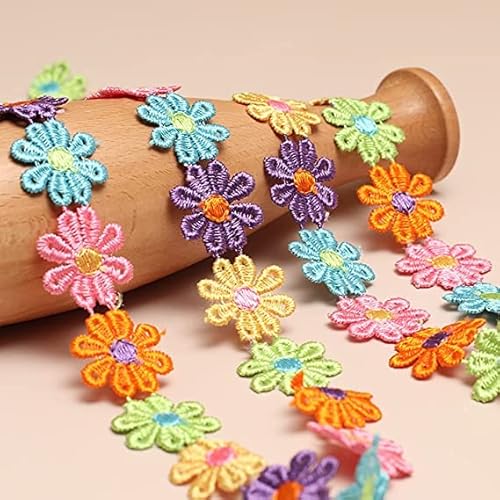 Sawyst 5 Yards 2.5Cm Width Daisy Flower Trim Ribbon Embroidery Lace Colorful Daisy Flower Lace Flower Applique Sewing Dressmaking Edging Trimmings Flower Decorating Lace Sewing Craft Lace #TOP23
