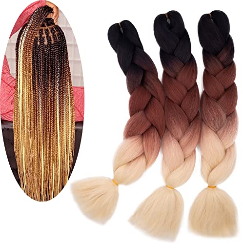 Cybelleza Braidig Hair Extensions for Women Ombre Jumbo Braids 24inch 3pieces 300g/pack Heat Resistent Synthetic Hair for Braiding Twists Crochet Braiding, Black/Brown/Bleach Blonde