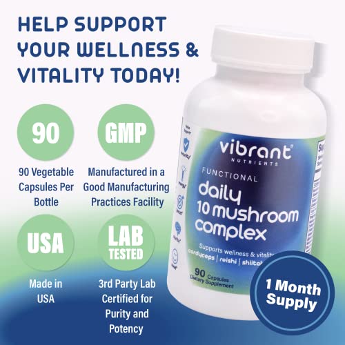 Vibrant Nutrients – Daily 10 Mushroom Complex – 100% Vegan Lions Mane Supplement – Non-Gmo, Functional Mushroom Supplement – Gluten & Soy Free Reishi Mushroom Capsules – Made In Usa – 90 Capsules #TOP3
