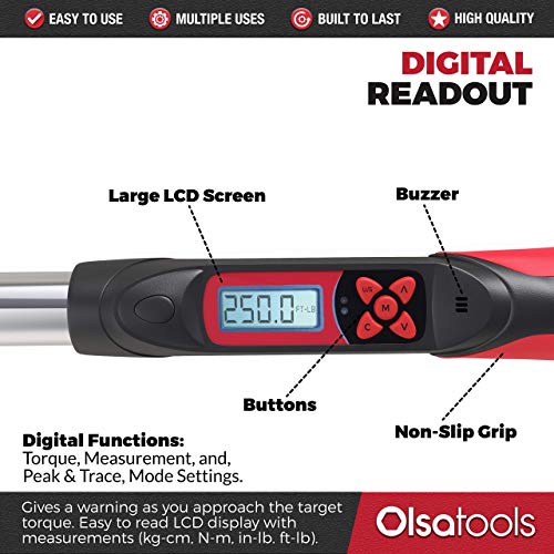Olsa Tools Digital Torque Wrench, 1/2-Inch Drive (12.5-250 ft-lb Torque Range) | ±1% CW and ±2% CCW Torque Accuracy | Premium Ratcheting Adjustable Torque Wrench | Professional Grade