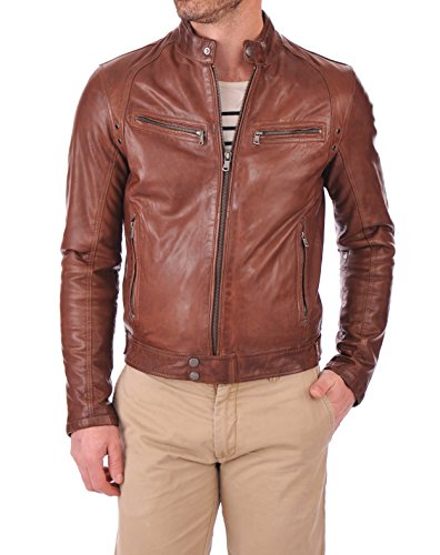 Image of D DOLLY LAMB Men's Lambskin Leather Bomber Biker Jacket - Winter Wear - Round Collar