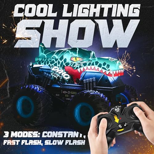 Image of BEZGAR Monster Truck Toys - Remote Control Monster Trucks with Light & Music, Dinosaur Toys for Kids, 1:20 Scale RC Truck with 360 Spins and Drifting, Remote Control Car for Boys with Two Car Shells