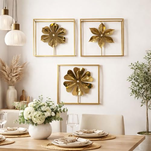 Image of SHREE 'O' GREEN TECH - Handcrafted Big Decorative Gold Metal Multicolor Set of 3 Leaf Wall Hanging Art Frame Showpiece for Living Room, Drawing Room & Bedroom Decor (Size 16x16 Inch)