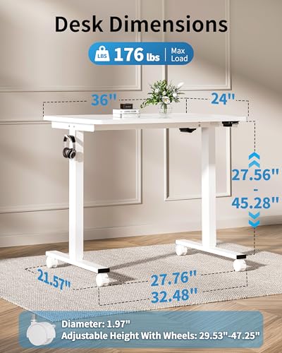 Image of Okin Small Electric Standing Desk, 36 inch x 24 inch Whole Piece Height Adjustable Desk, White Sit to Stand Computer Workstation with Wheels for Home Office
