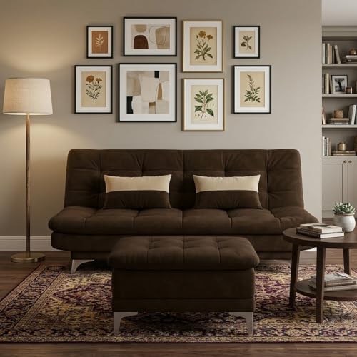 Image of FURNY Supersoft 3 Seater Fabric Sofa Cum Bed with Ottoman (Dark Brown) Premium Velvet Finish with Extra 2 Cushions | Ideal for Living Rooms, Bedrooms, Offices