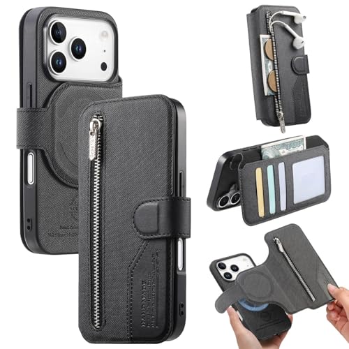 Étui portefeuille noir pour iPhone 15 Pro en cuir à rabat magnétique et fermeture éclair