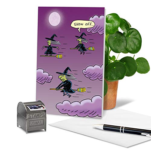 Nobleworks - Happy Halloween Card Funny - Fun Cartoon Humor, Spooky Greeting Notecard With Envelope - Surfing Witch C6247Hwg #TOP2