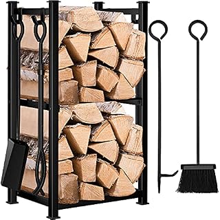 Amagabeli Fireplace Log Rack with 4 Tools 28.3x15.8x11.7 Indoor Fireside Companion Set Outdoor Log Holder for Wood Burner Wrought Iron Log Storage Tool Set Wood Stove Fireplace Accessories