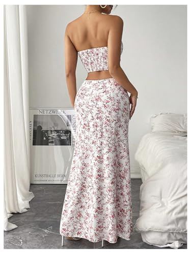 SHENHE Women's Floral 2 Piece Outfits Smocked Crop Tube Top and Ruched Ruffle Slit Maxi Skirt Set2
