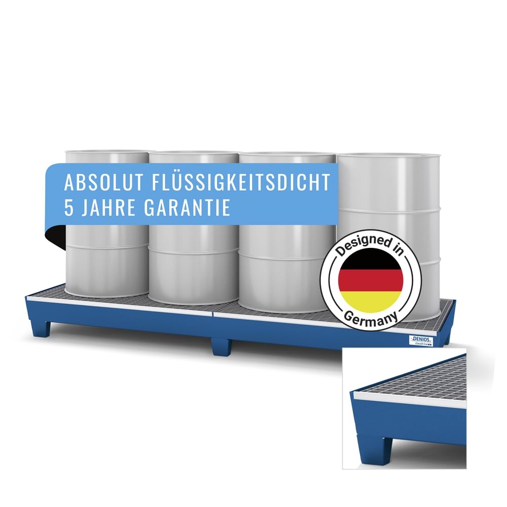 Auffangwanne classic-line aus Stahl für 4 Fässer, lackiert, unterfahrbar, m. Gitterrost,816x2470x250