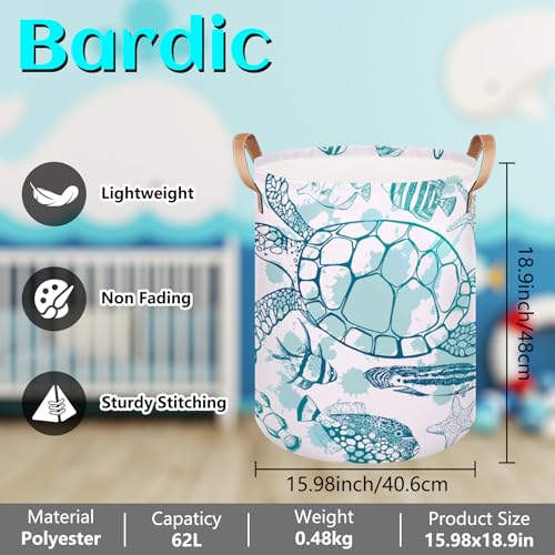 Image of Large Laundry Hamper Basket Ocean Theme Round Freestanding Clothes Basket, Sea Turtle Collapsible Storage Organizer Bin with Leather Handles for Dirty Clothes Toys, Nursery Home Storage 16 inchW x 20 inchH