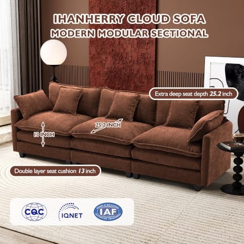 Image of Ihanherry 111.4 Inch 3-Seater Cloud Sofa, Modular Sectional Couch, Modern Deep Seat Sofa for Living Room, Comfy Double Layer Upholstered Seat Cushion, Breathable Chenille Fabric, Brick Red