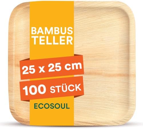 ECO SOUL Bambus teller 10"(25 cm) Papteller Einwegteller(100 Stück) | 100% natürliches Bambus, Extra stabil für heiße & kalte Speisen, Fett & schnittfest, Kompostierbare Alternativ