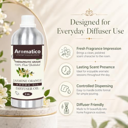 Image of AROMATICO Jasmine Orange Diffuser Oil with Strong, Long-Lasting Aroma. Premium Aroma Oil for Homes, Offices & Showrooms. Aromatherapy, Diffusers, Air Purifiers, Vaporizers - 1 L (1000 ml)