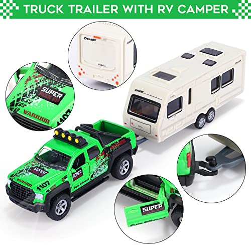 Tacobear 4piezas Camper Juguete Caravana Juguete Pickup Modelo con Barco de Juguete con Luces y Sonidos Función Die-Cast Modelo de Vehículos Regalo para Niños 3 4 5 6 7 8 años