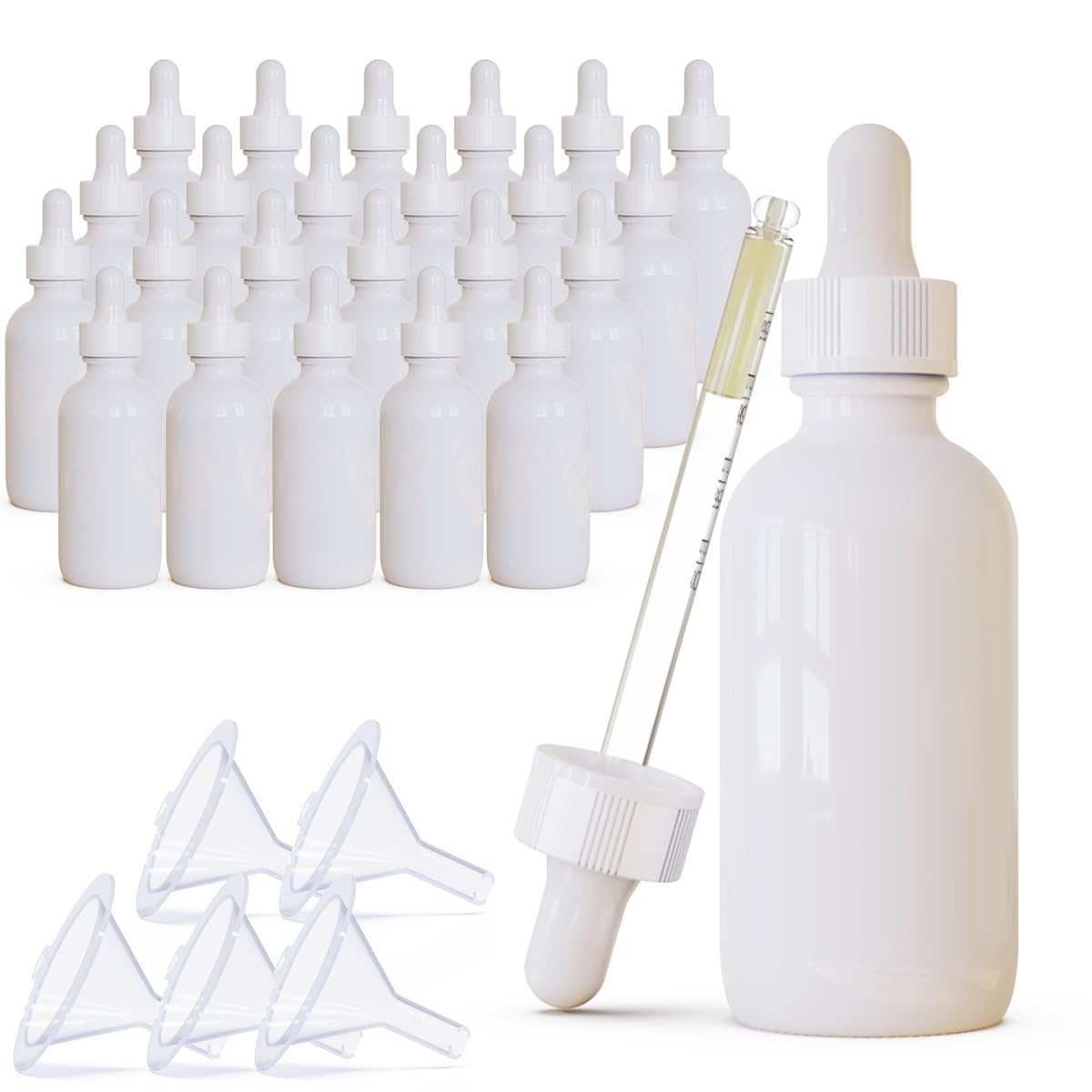 Paquete de 24 botellas cuentagotas de vidrio con revestimiento blanco (60 ml) con cuentagotas de vidrio, botellas seguras para rayos UV para aceites esenciales y aromaterapia