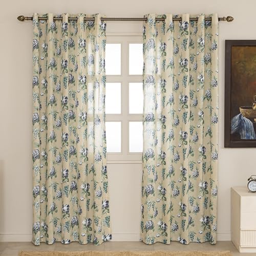 Image of Clasiko Block Print Sheer Door Curtains; 40% Light Filtering Linen Textured Curtains with Eyelets; Set of 2 | 54x108 Inches / 9 Feet | Glory Blue