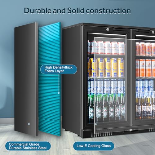 Image of Tylza Back Bar Cooler 2 Door 216 Can Black | built-in /free, fast cool, temp memory, 2 locks, LED, low-e glass