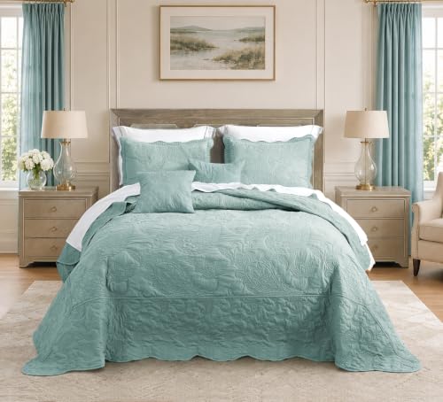 Image of HZ & HY Oversized Queen Bedspreads, Stitched Paisley, Aqua Sky