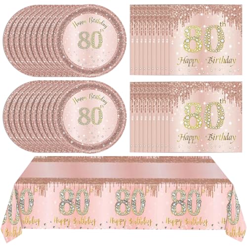 41Pcs 80th Birthday Decorations, Rose Gold Birthday Party Supplies Include 20Pcs Plates 20Pcs Napkins and 1Piece Tablecloth, Sweet Eighty Year Old Birth Party Tableware for Girl Ladies Women