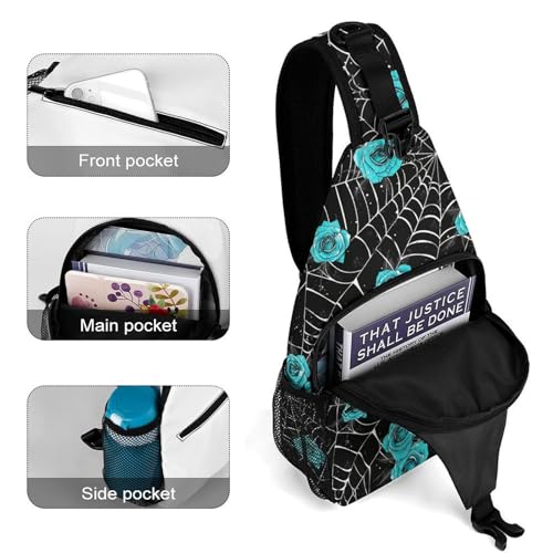Spider Web Cobwebs Blue Rose Sling Bag Crossbody Travel Hiking Chest Multipurpose Travel Daypack for Women Men4