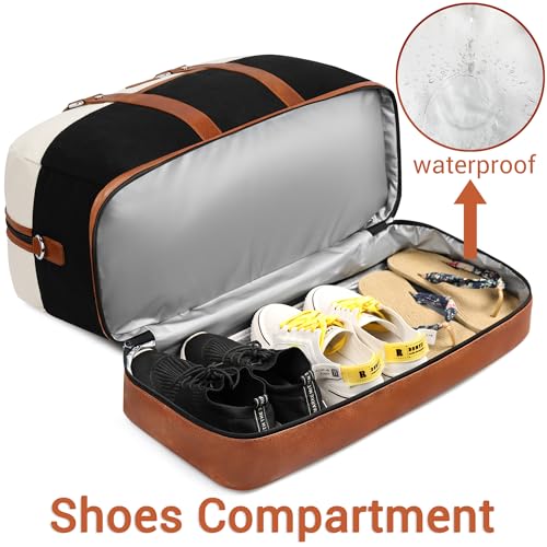 Image of Weekender Bag for Women, Large Overnight Bag Canvas Travel Duffel Bag Carry On Tote with Shoe Compartment 21 inch 3Pcs Set, A11-brown+beige+black, Large, Casual Travel