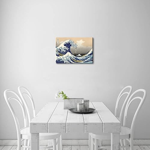 Miniatura 4 de Wieco Art Gran ola de Kanagawa Katsushika Hokusai - Lienzo moderno estirado y enmarcado, impresiones artísticas abstractas de paisajes, pinturas