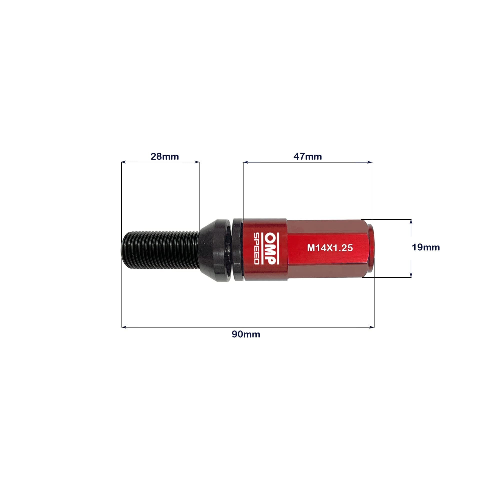 OMP SPEED Set 20 viti a ruota nere con metrica M14X1.25 chiave da 17-19 lunghezza filettata da 28 mm con protezione rossa in alluminio 7075 + DIN 12.9