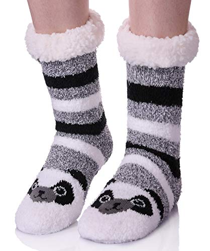 LANLEO Womens Cute Cartoon Animal Fuzzy Slipper Socks Winter Soft Warm Fleece Lining Knit Home Socks With Grippers (Panda)