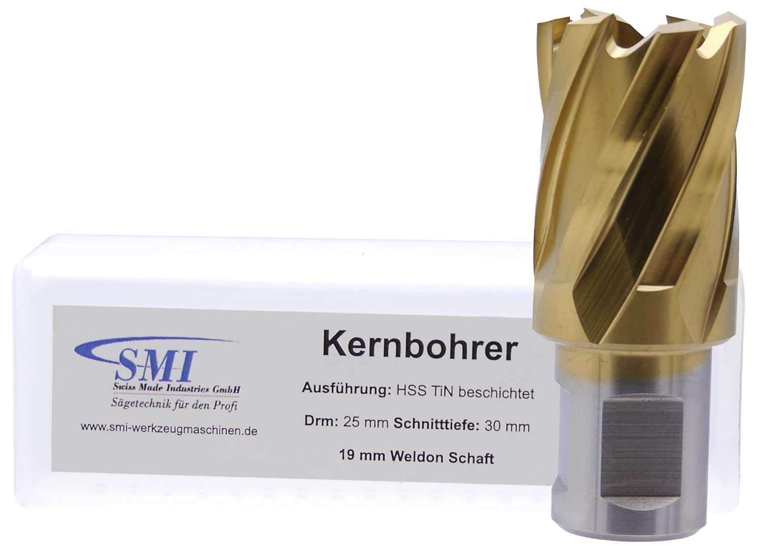 SMI HSS TiN Kernbohrer 25 mm Drm. Schnitttiefe 30 mm, Aufnahme 19 mm Weldonschaft