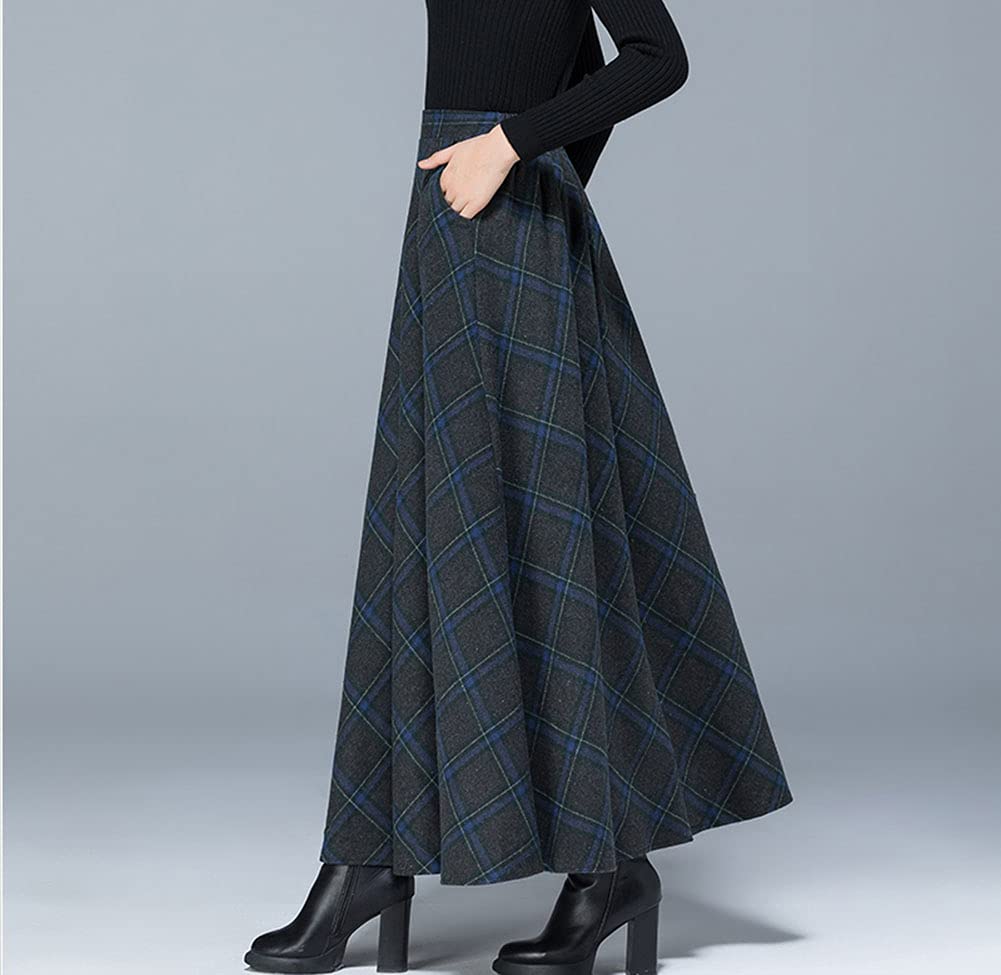 Jupe Longue Femme Hiver Vintage Élégant Taille Haute Carreaux Taille élastique Maxi Jupe Laine Chaud A-Line Plissée Jupe Casual Party I Grau XL