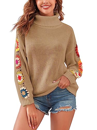 Image of ZAFUL Flower Crochet Turtleneck Sweater for Women Pullover Puff Long Sleeve Boho Knit Sweaters Trendy Knitwear Tops
