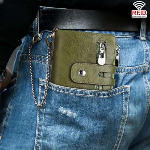 Ti-Y Chain Wallets for Men Genuine Leather RFID Blocking Bifold biker Wallet with Double Zipper Coin Pocket and Anti-Theft Chain (Green)3